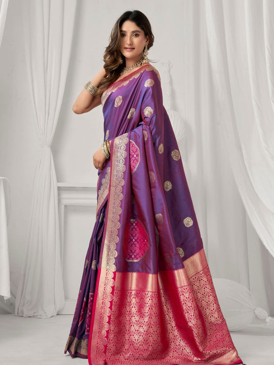 Purple Soft Silk Gold Zari Weaving Saree With Fancy Pumpum  Saree With Blouse Piece