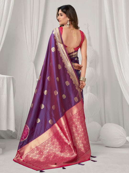 Purple Soft Silk Gold Zari Weaving Saree With Fancy Pumpum  Saree With Blouse Piece