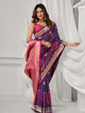 Purple Soft Silk Gold Zari Weaving Saree With Fancy Pumpum  Saree With Blouse Piece