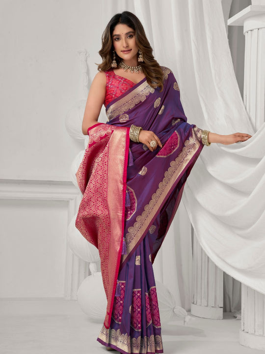 Purple Soft Silk Gold Zari Weaving Saree With Fancy Pumpum  Saree With Blouse Piece