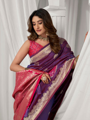 Purple Soft Silk Gold Zari Weaving Saree With Fancy Pumpum  Saree With Blouse Piece