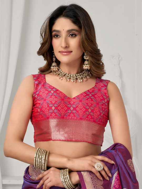 Purple Soft Silk Gold Zari Weaving Saree With Fancy Pumpum  Saree With Blouse Piece