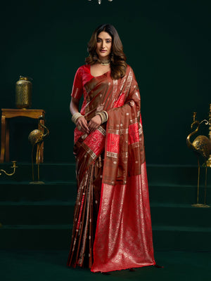 Red Soft Silk Gold Zari Weaving Saree With Fancy Pumpum  Saree With Blouse Piece