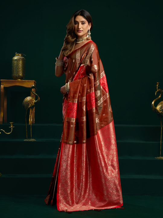 Red Soft Silk Gold Zari Weaving Saree With Fancy Pumpum  Saree With Blouse Piece
