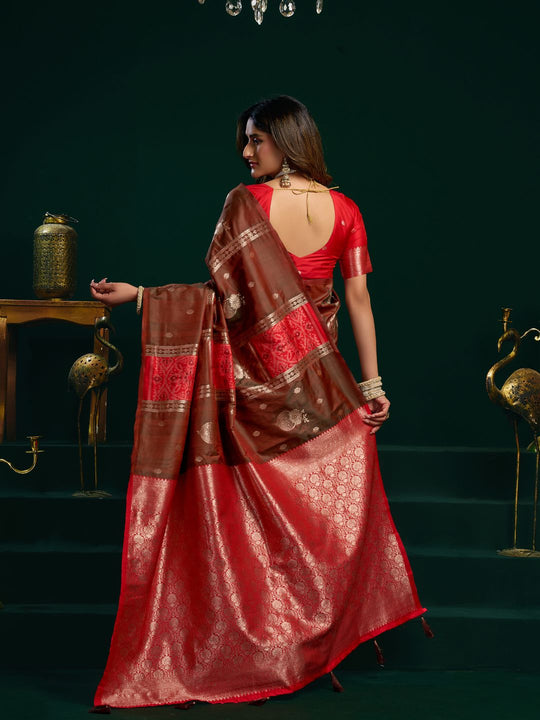 Red Soft Silk Gold Zari Weaving Saree With Fancy Pumpum  Saree With Blouse Piece