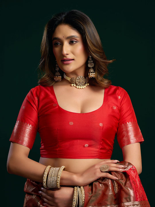 Red Soft Silk Gold Zari Weaving Saree With Fancy Pumpum  Saree With Blouse Piece