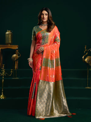 Orange Soft Silk Gold Zari Weaving Saree With Fancy Pumpum  Saree With Blouse Piece