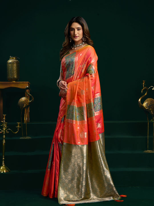 Orange Soft Silk Gold Zari Weaving Saree With Fancy Pumpum  Saree With Blouse Piece