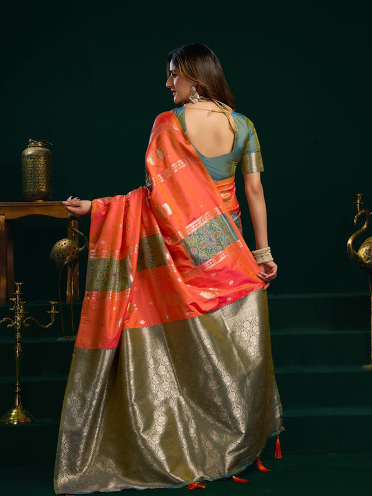 Orange Soft Silk Gold Zari Weaving Saree With Fancy Pumpum  Saree With Blouse Piece