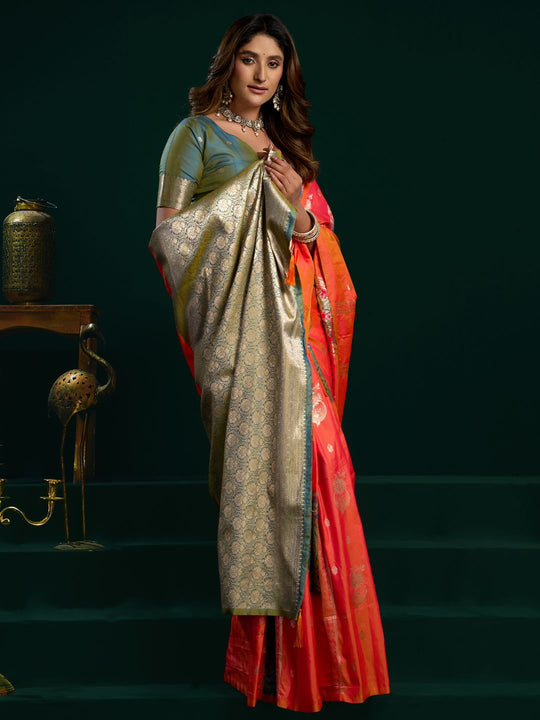 Orange Soft Silk Gold Zari Weaving Saree With Fancy Pumpum  Saree With Blouse Piece