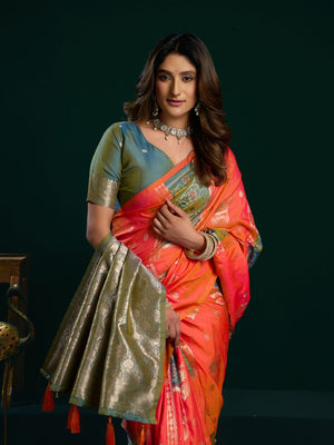 Orange Soft Silk Gold Zari Weaving Saree With Fancy Pumpum  Saree With Blouse Piece