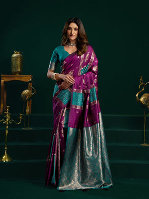 Deep Purple Soft Silk Gold Zari Weaving Saree With Fancy Pumpum  Saree With Blouse Piece