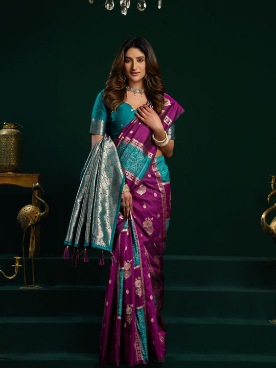 Deep Purple Soft Silk Gold Zari Weaving Saree With Fancy Pumpum  Saree With Blouse Piece