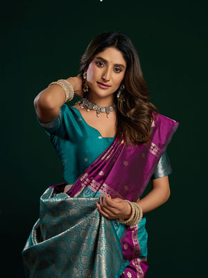 Deep Purple Soft Silk Gold Zari Weaving Saree With Fancy Pumpum  Saree With Blouse Piece