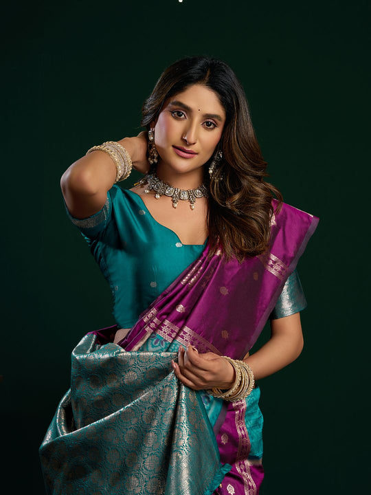 Deep Purple Soft Silk Gold Zari Weaving Saree With Fancy Pumpum  Saree With Blouse Piece