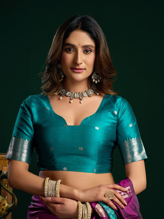 Deep Purple Soft Silk Gold Zari Weaving Saree With Fancy Pumpum  Saree With Blouse Piece