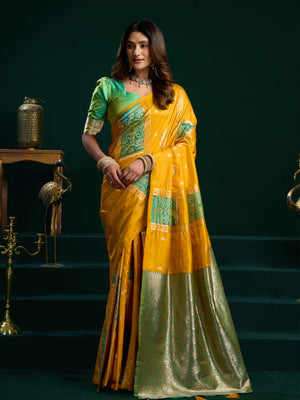 Yellow Soft Silk Gold Zari Weaving Saree With Fancy Pumpum  Saree With Blouse Piece