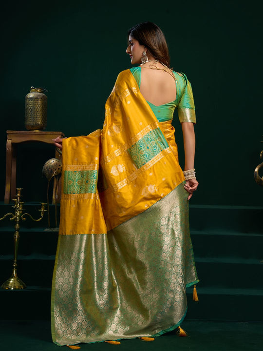Yellow Soft Silk Gold Zari Weaving Saree With Fancy Pumpum  Saree With Blouse Piece