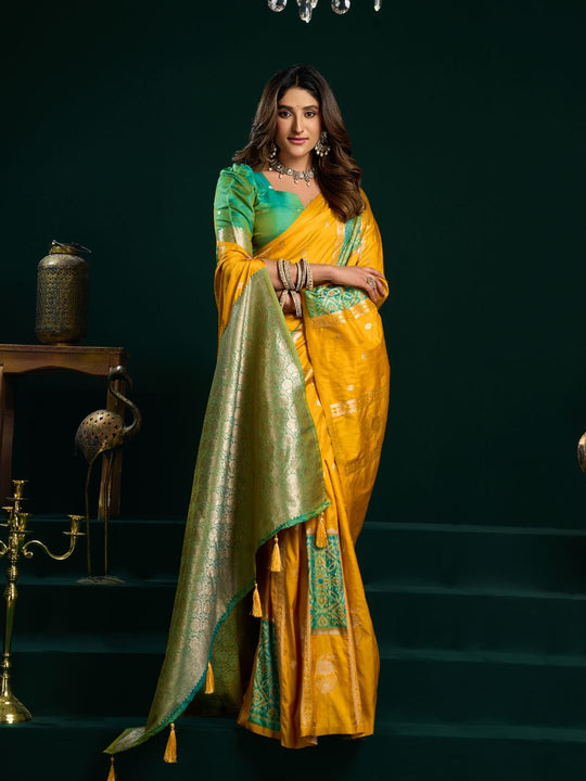 Yellow Soft Silk Gold Zari Weaving Saree With Fancy Pumpum  Saree With Blouse Piece