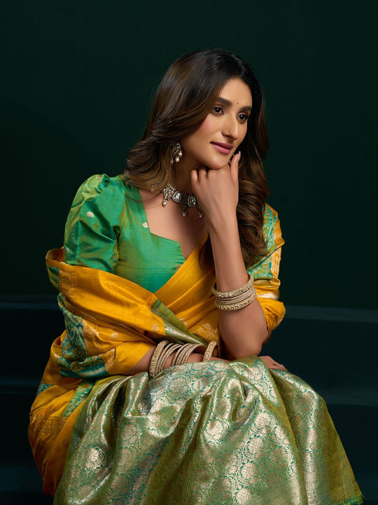 Yellow Soft Silk Gold Zari Weaving Saree With Fancy Pumpum  Saree With Blouse Piece