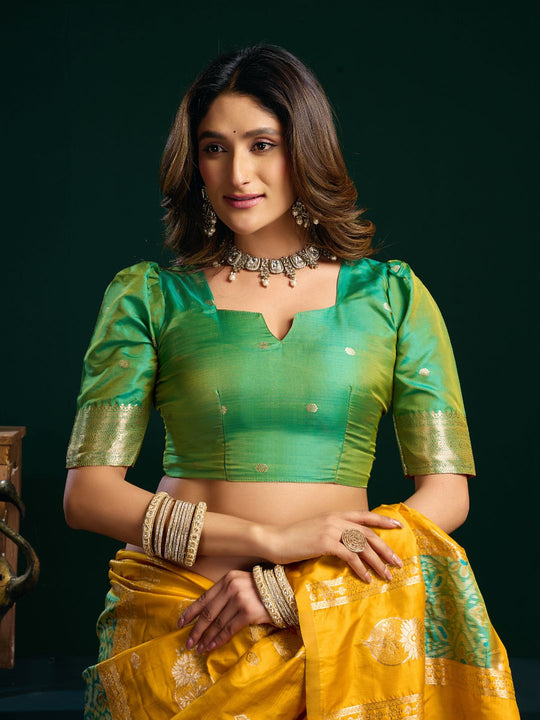 Yellow Soft Silk Gold Zari Weaving Saree With Fancy Pumpum  Saree With Blouse Piece