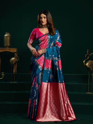 Blue Soft Silk Gold Zari Weaving Saree With Fancy Pumpum  Saree With Blouse Piece
