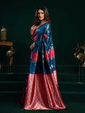 Blue Soft Silk Gold Zari Weaving Saree With Fancy Pumpum  Saree With Blouse Piece