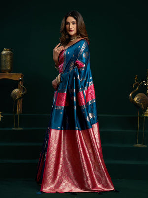 Blue Soft Silk Gold Zari Weaving Saree With Fancy Pumpum  Saree With Blouse Piece