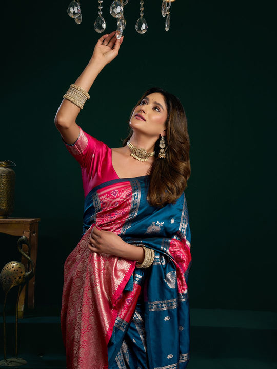 Blue Soft Silk Gold Zari Weaving Saree With Fancy Pumpum  Saree With Blouse Piece