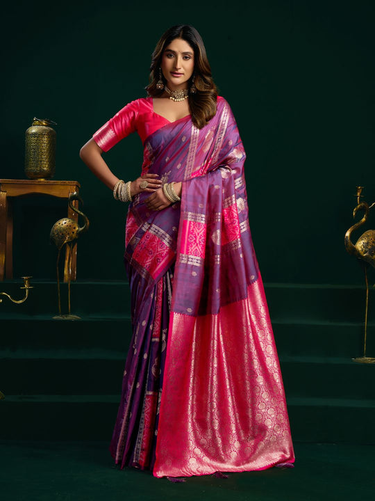 Purple Soft Silk Gold Zari Weaving Saree With Fancy Pumpum  Saree With Blouse Piece