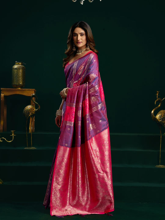 Purple Soft Silk Gold Zari Weaving Saree With Fancy Pumpum  Saree With Blouse Piece
