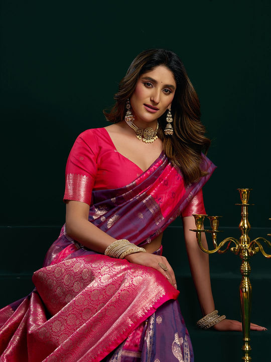 Purple Soft Silk Gold Zari Weaving Saree With Fancy Pumpum  Saree With Blouse Piece