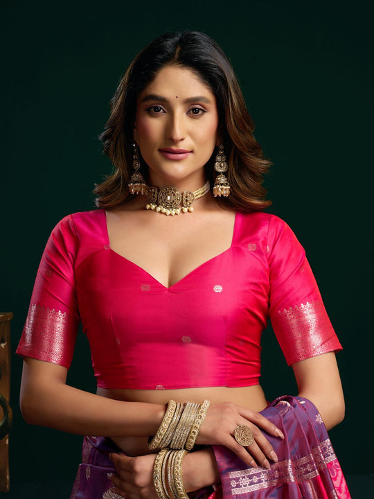 Purple Soft Silk Gold Zari Weaving Saree With Fancy Pumpum  Saree With Blouse Piece