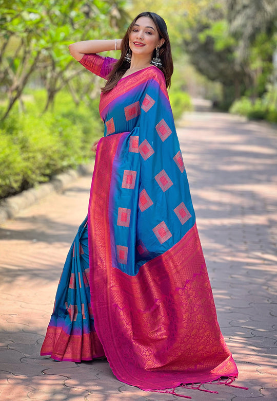 Blue Banarasi Silk Blend Saree With Blouse Piece