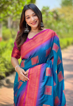 Blue Banarasi Silk Blend Saree With Blouse Piece