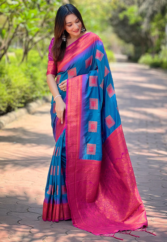 Blue Banarasi Silk Blend Saree With Blouse Piece