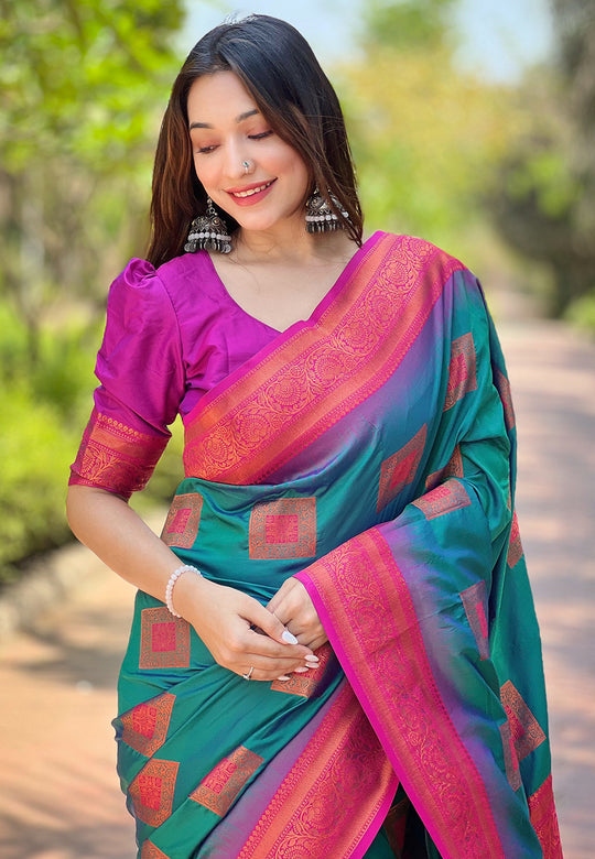Green Banarasi Silk Blend Saree With Blouse Piece