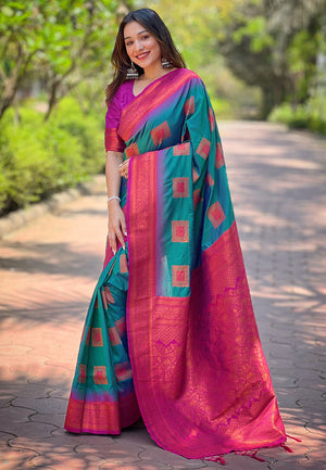Green Banarasi Silk Blend Saree With Blouse Piece