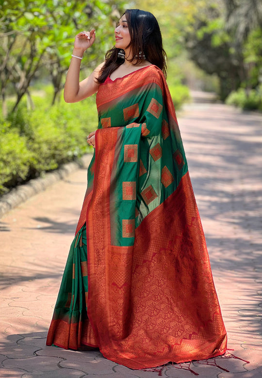 Red Banarasi Silk Blend Saree With Blouse Piece