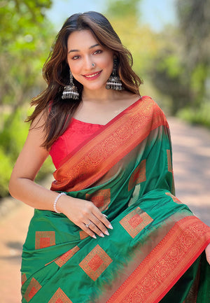 Red Banarasi Silk Blend Saree With Blouse Piece