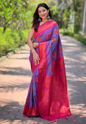 Levender Banarasi Silk Blend Saree With Blouse Piece