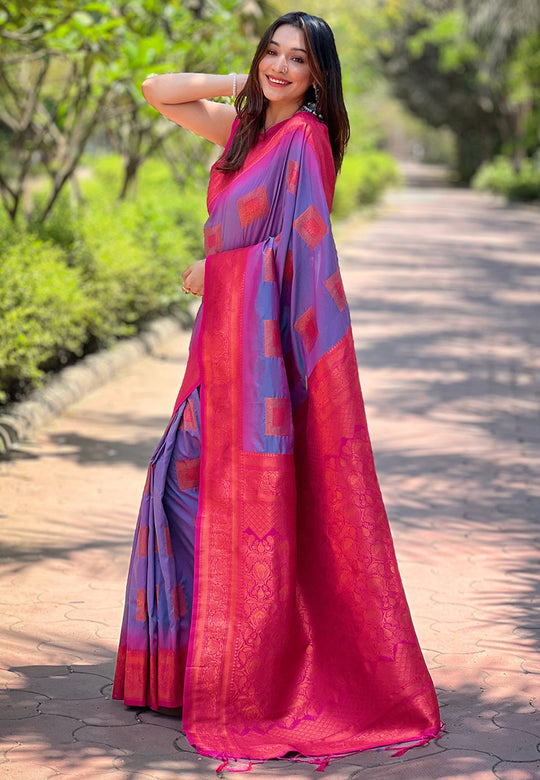Levender Banarasi Silk Blend Saree With Blouse Piece