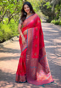 Pink Banarasi Silk Blend Saree With Blouse Piece