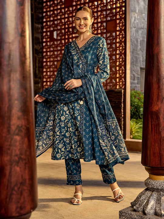 Indigo Floral printed angrakha tie-up kurta with pants and printed dupatta