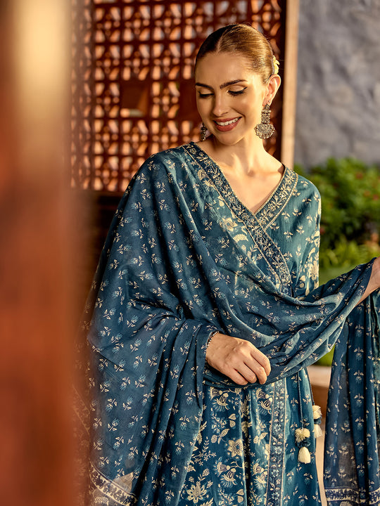 Indigo Floral printed angrakha tie-up kurta with pants and printed dupatta