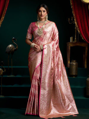 Pink Premium Satin Silk With Gold Zari With Fancy Pumpum Saree With Blouse Piece