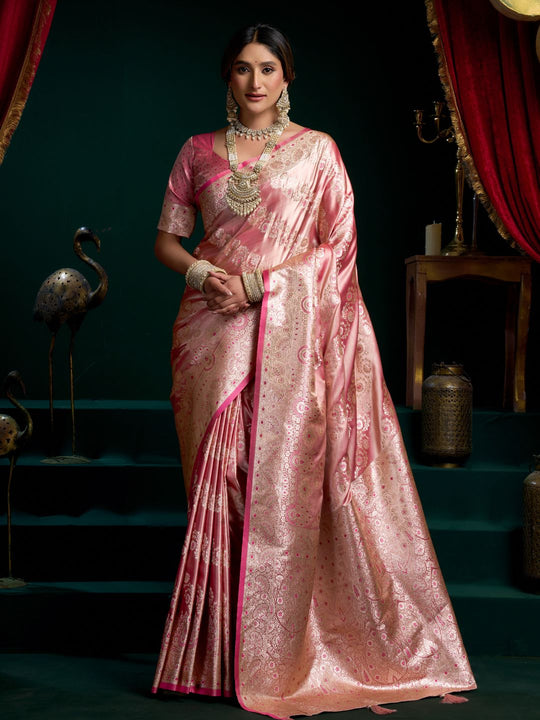 Pink Premium Satin Silk With Gold Zari With Fancy Pumpum Saree With Blouse Piece