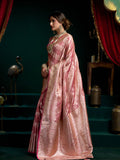 Pink Premium Satin Silk With Gold Zari With Fancy Pumpum Saree With Blouse Piece