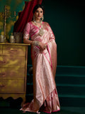 Pink Premium Satin Silk With Gold Zari With Fancy Pumpum Saree With Blouse Piece