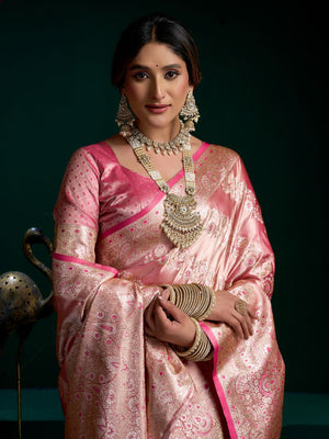 Pink Premium Satin Silk With Gold Zari With Fancy Pumpum Saree With Blouse Piece